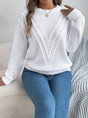 Openwork Round Neck Long Sleeve Sweater