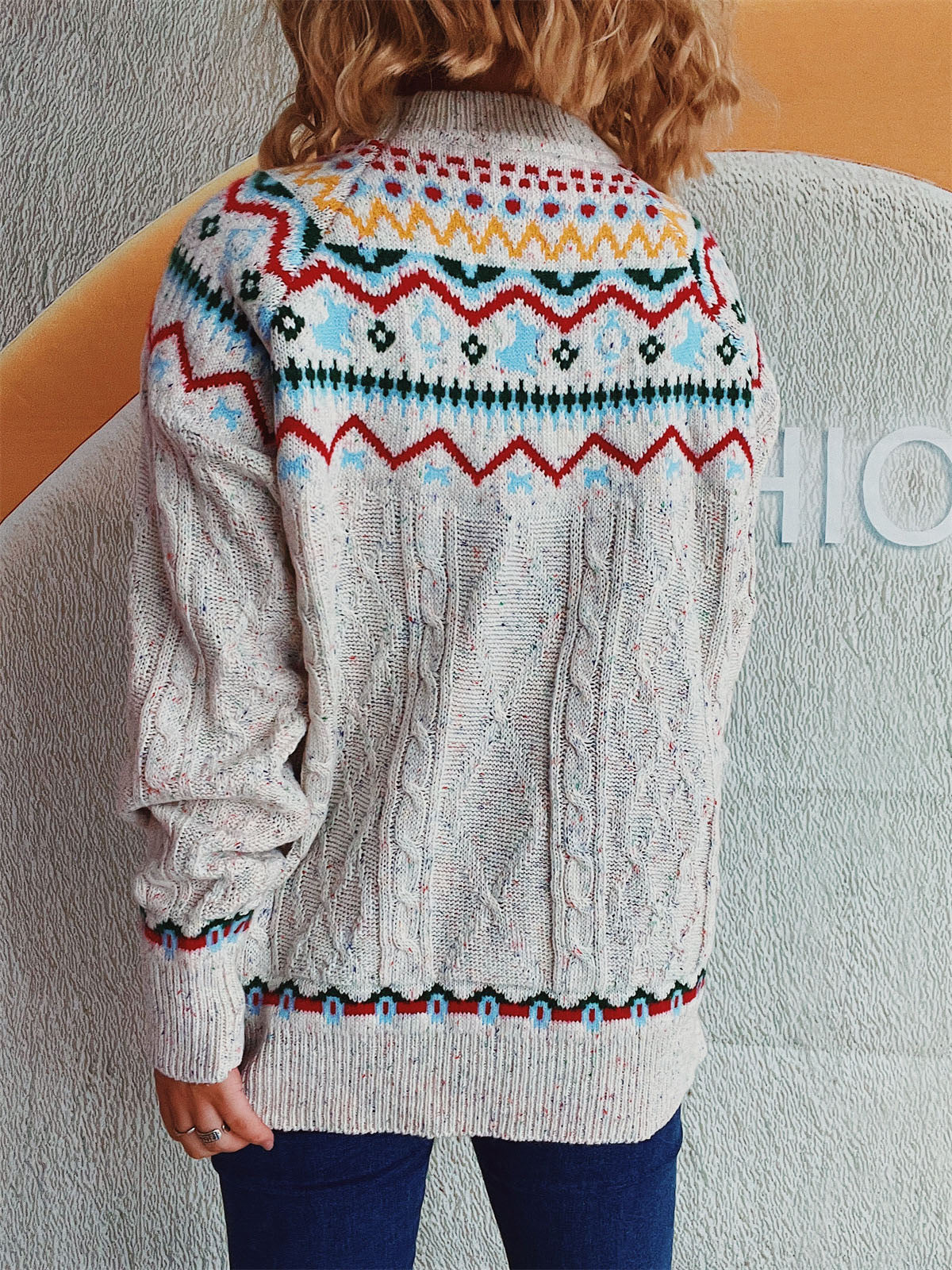 Cable-Knit Mock Neck Long Sleeve Sweater