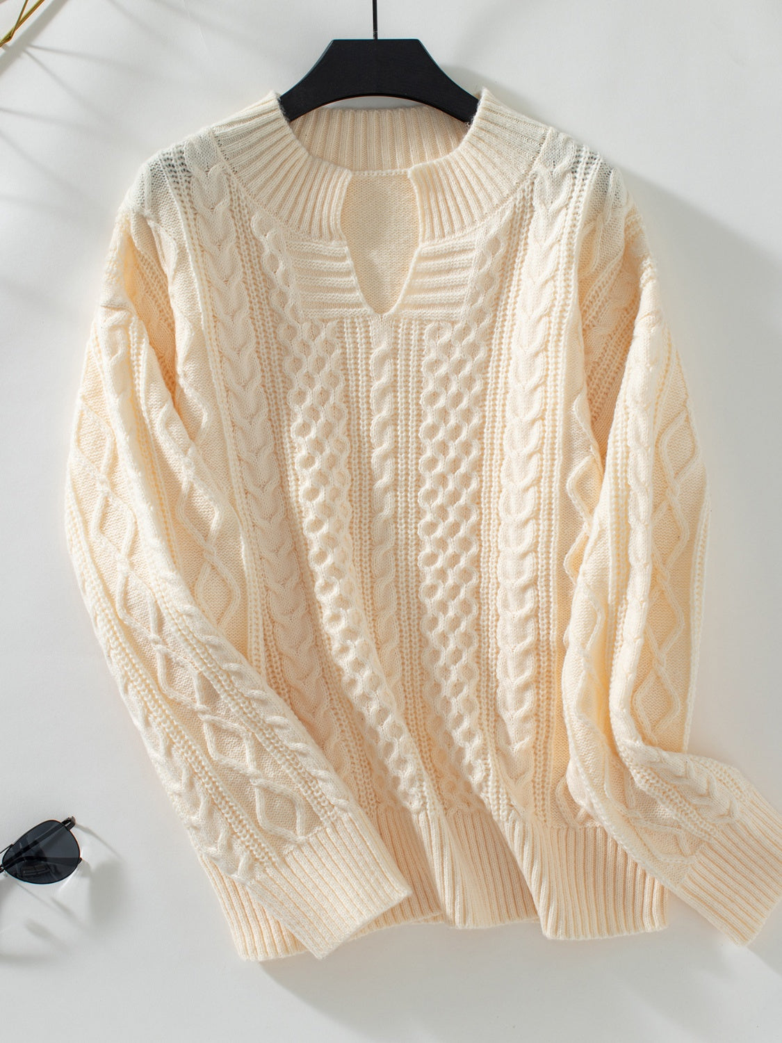 Cable-Knit Notched Long Sleeve Sweater