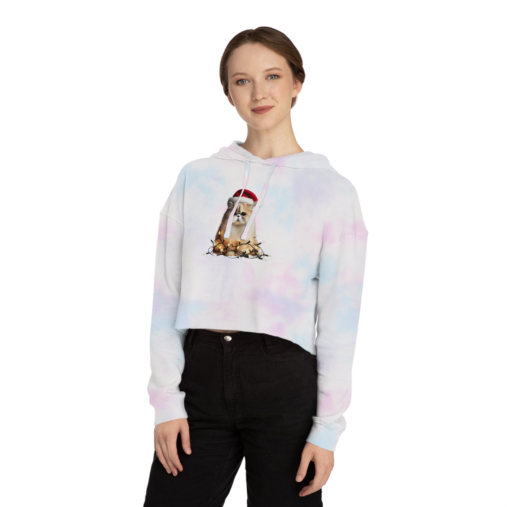 Christmas Persian Cat - Womens Cropped Hooded Sweatshirt