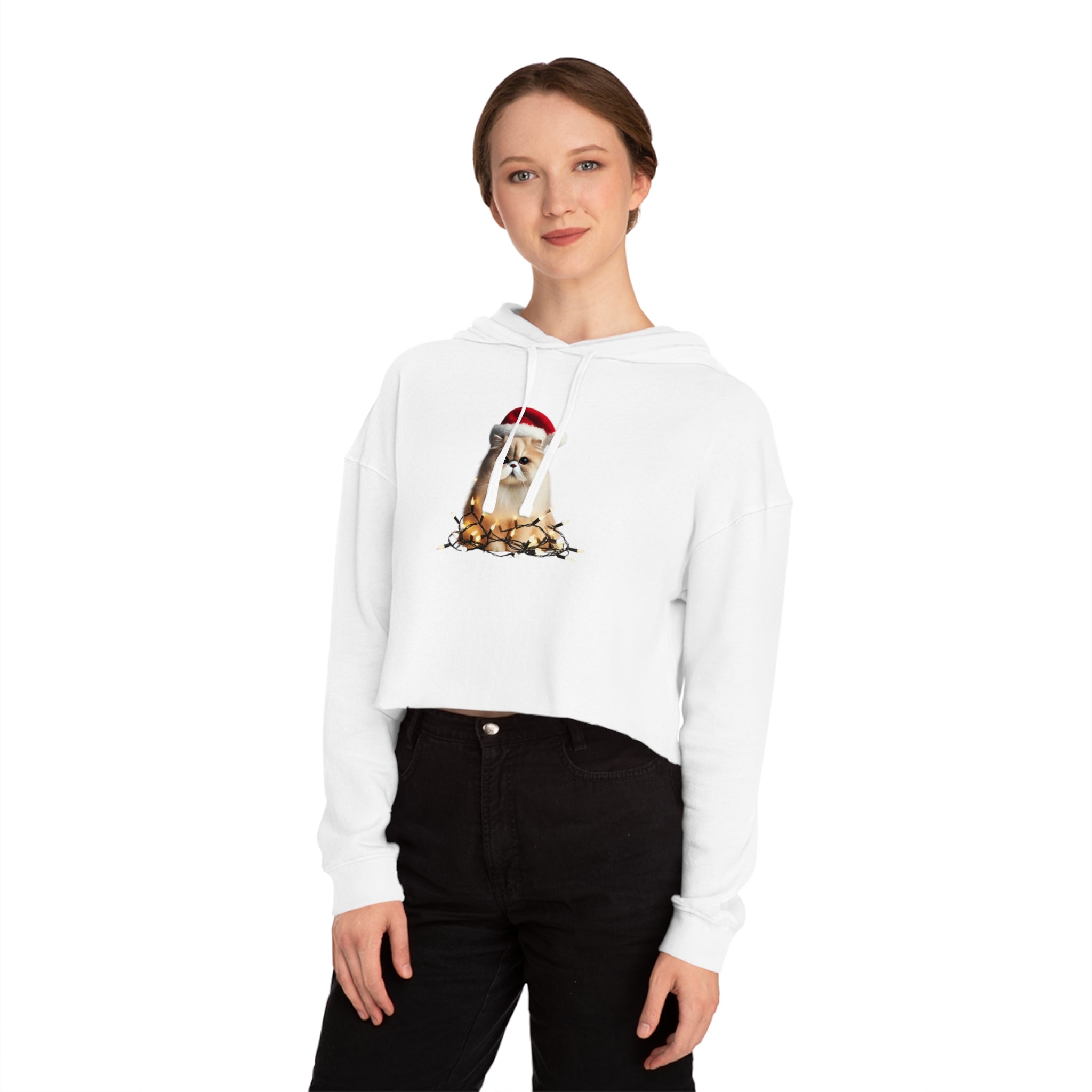 Christmas Persian Cat - Womens Cropped Hooded Sweatshirt