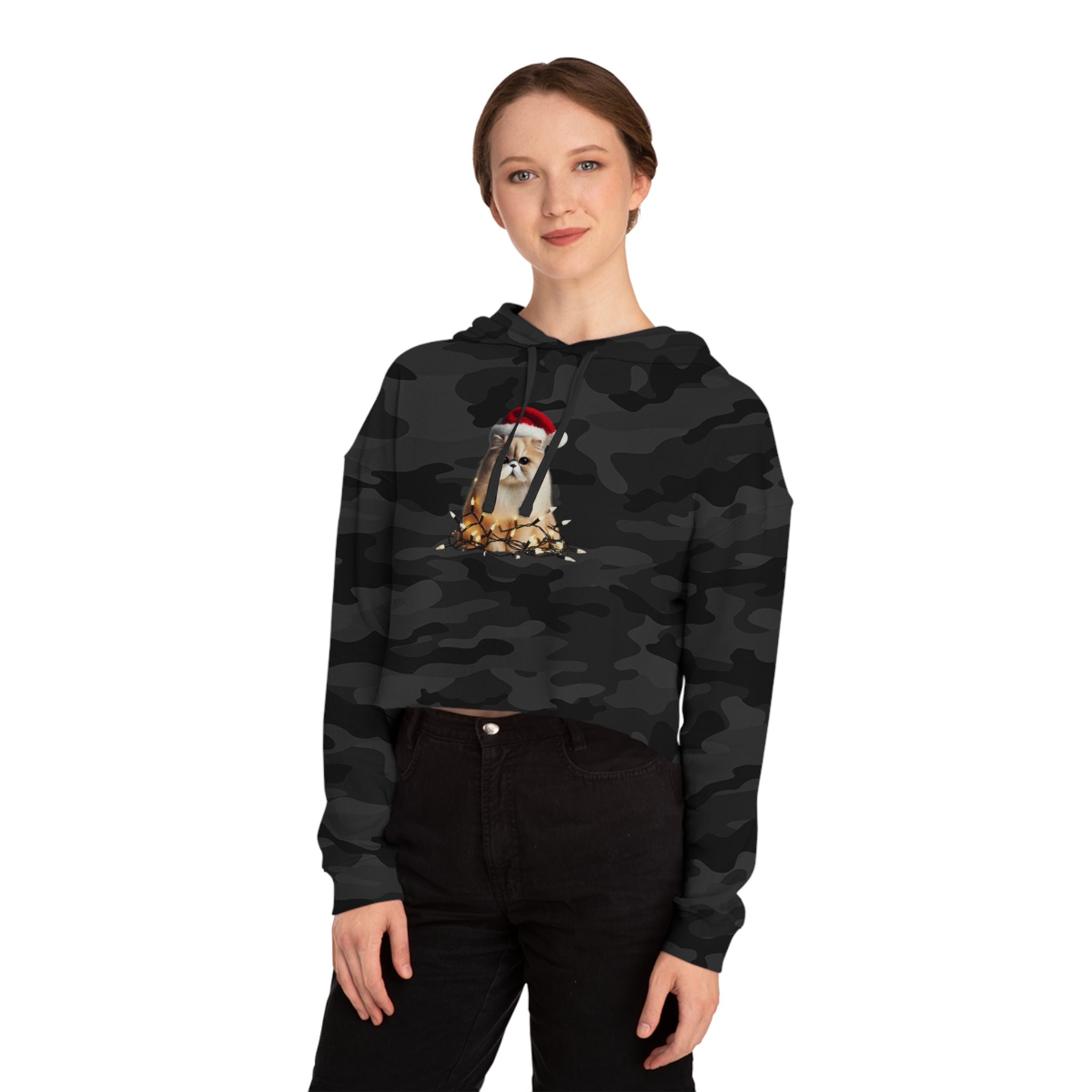 Christmas Persian Cat - Womens Cropped Hooded Sweatshirt