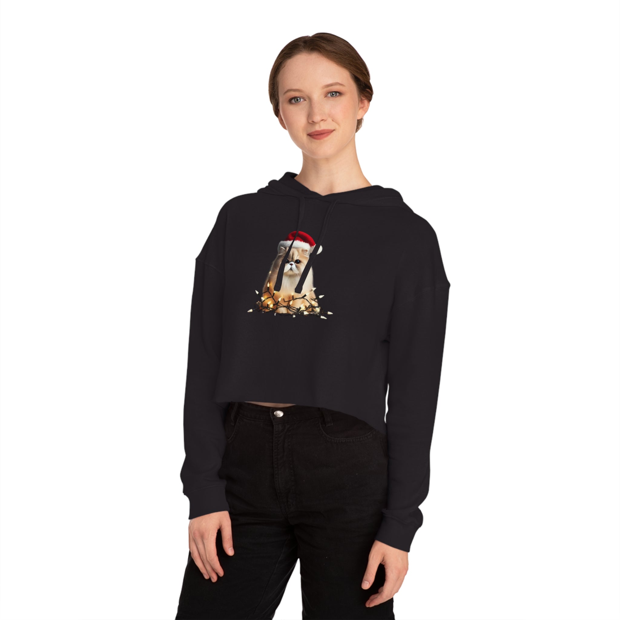 Christmas Persian Cat - Womens Cropped Hooded Sweatshirt