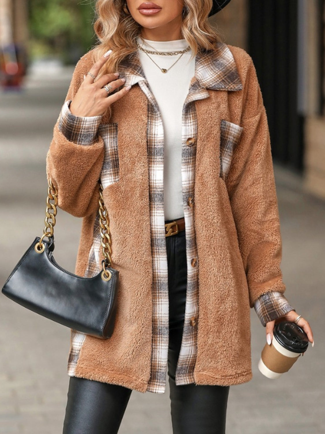 Plaid Button Up Long Sleeve Fuzzy Outerwear