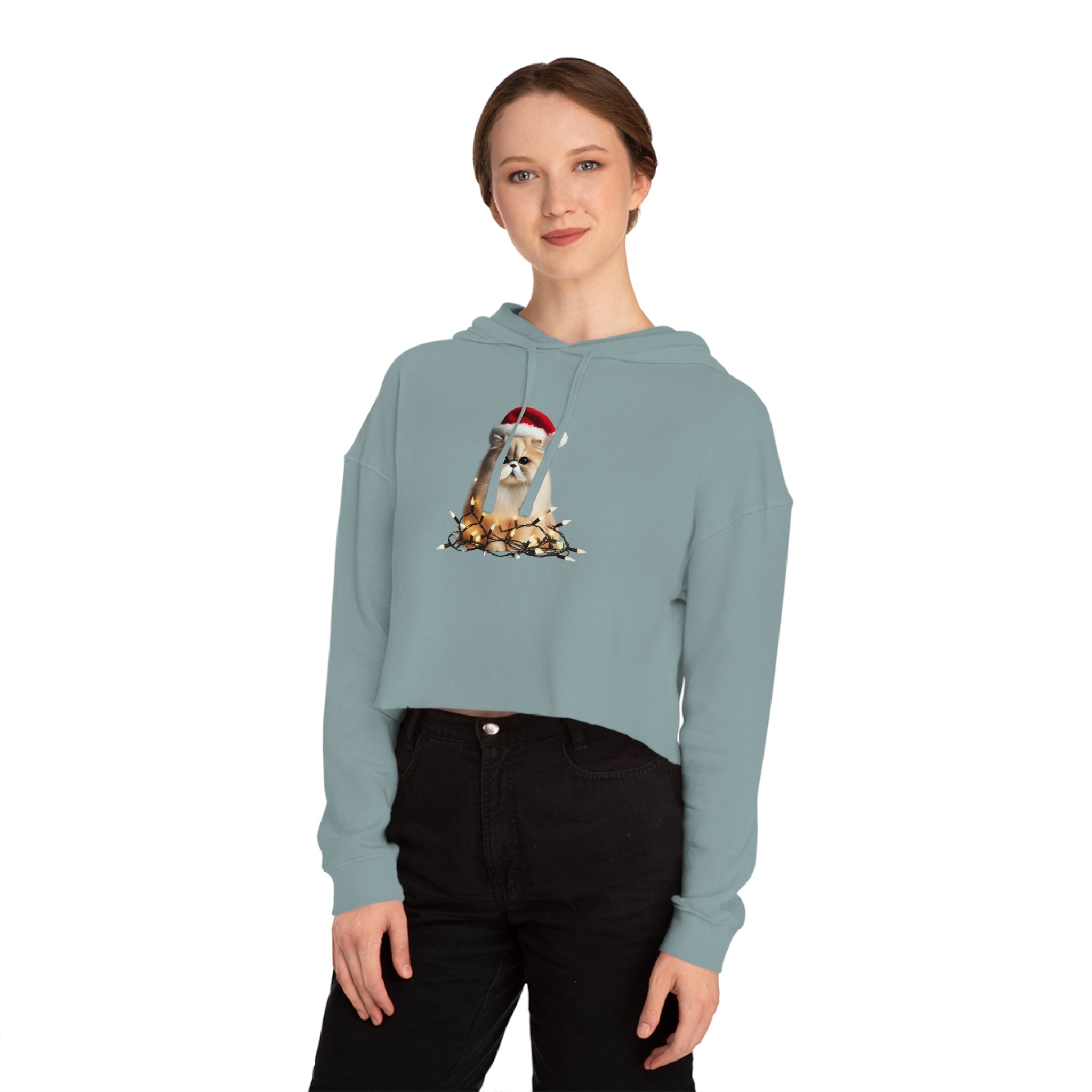 Christmas Persian Cat - Womens Cropped Hooded Sweatshirt