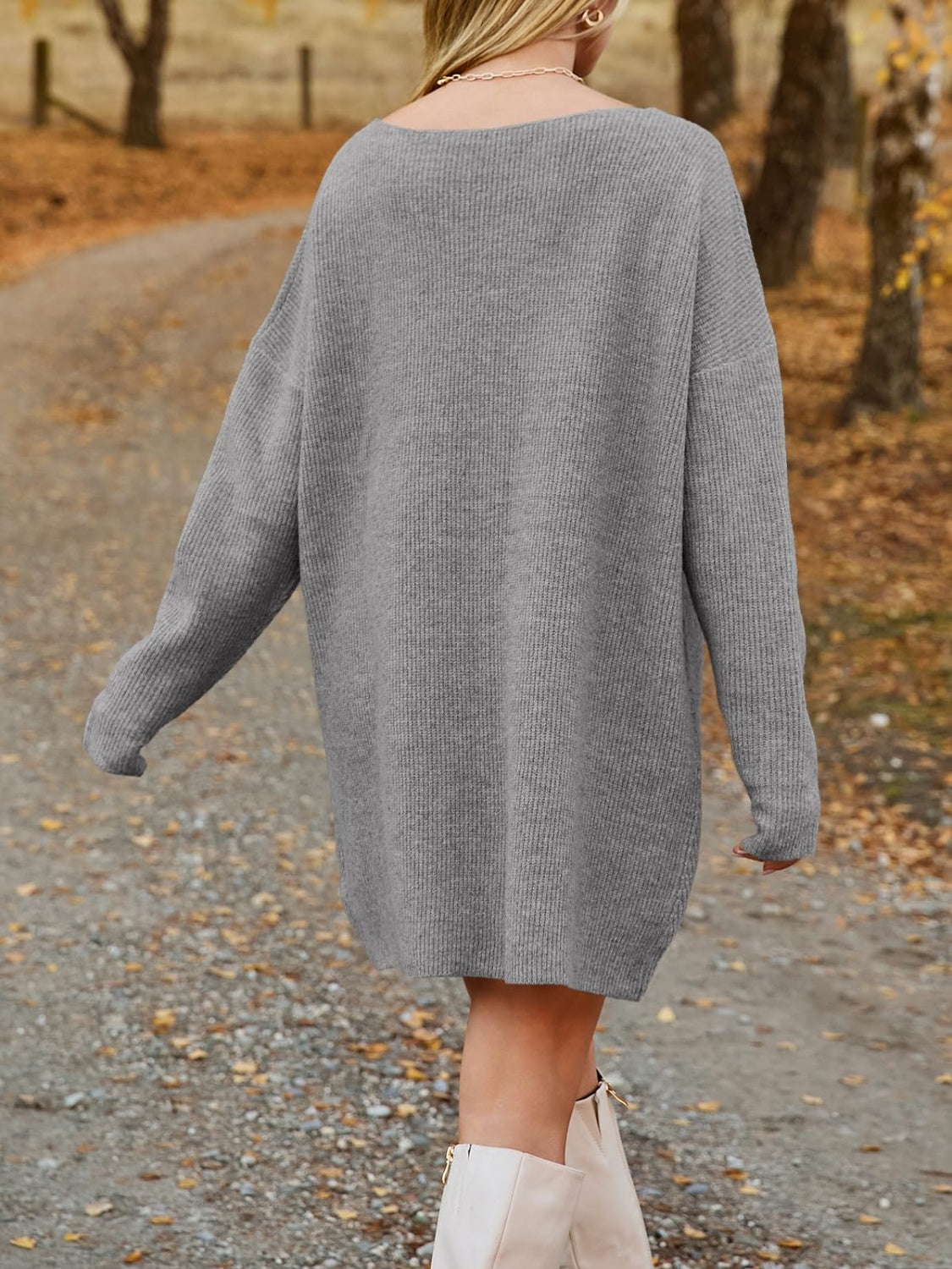 V-Neck Dropped Shoulder Sweater Dress