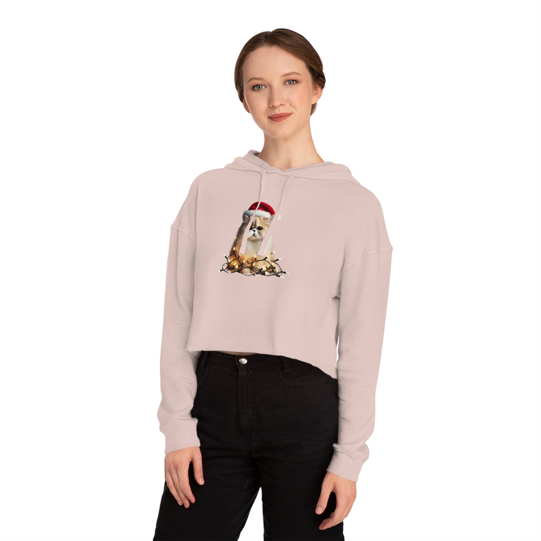 Christmas Persian Cat - Womens Cropped Hooded Sweatshirt