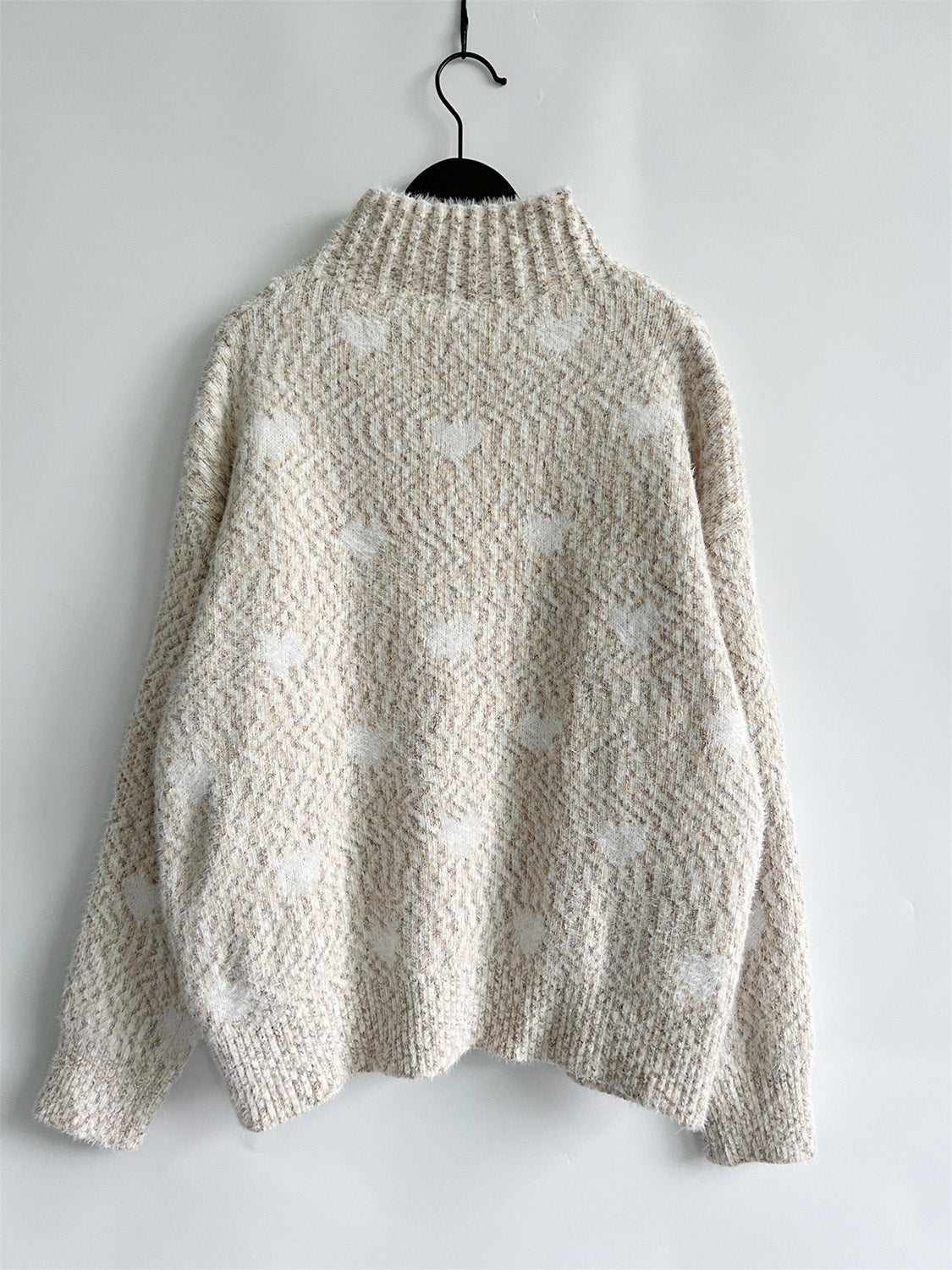 Heart Heathered Turtleneck Drop Shoulder Sweater