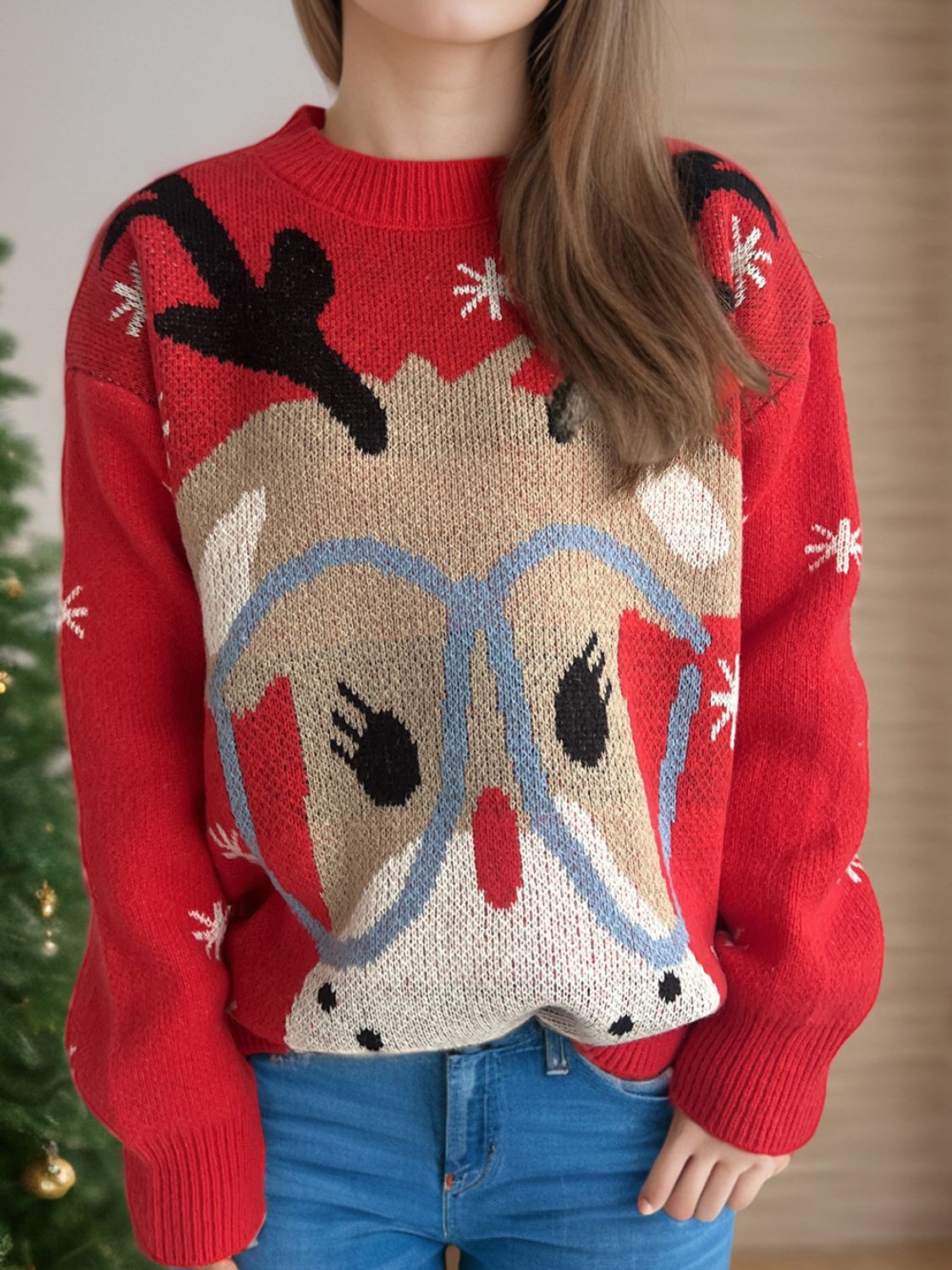 Reindeer Round Neck Dropped Shoulder Sweater