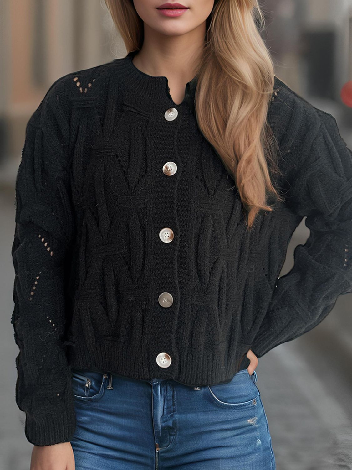 Openwork Round Neck Long Sleeve Cardigan