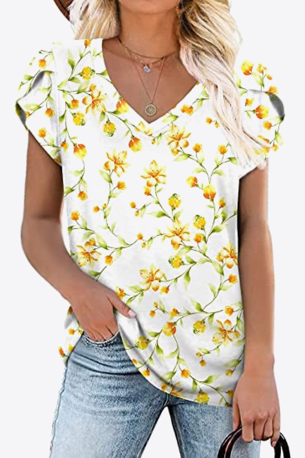 Printed Petal Sleeve V-Neck Blouse