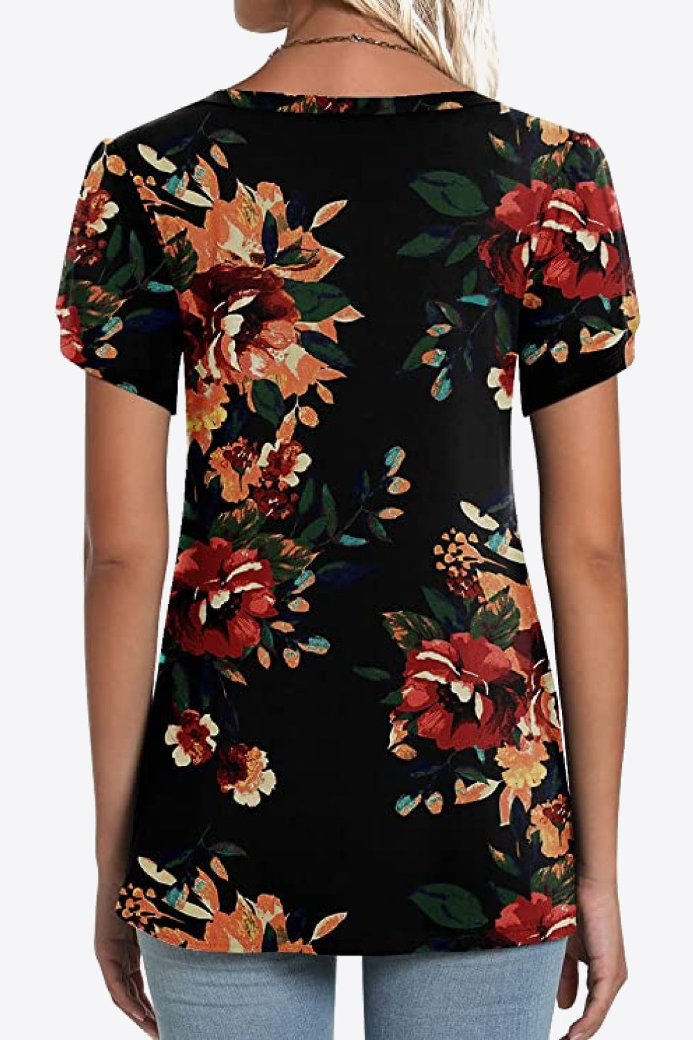 Printed Petal Sleeve V-Neck Blouse