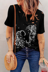 Cutout Graphic Round Neck Short Sleeve T-Shirt