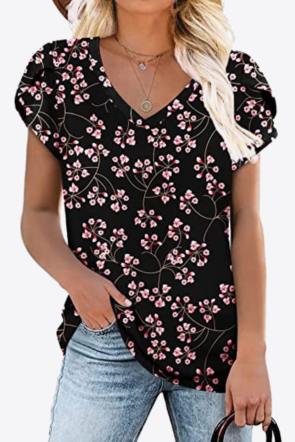 Printed Petal Sleeve V-Neck Blouse