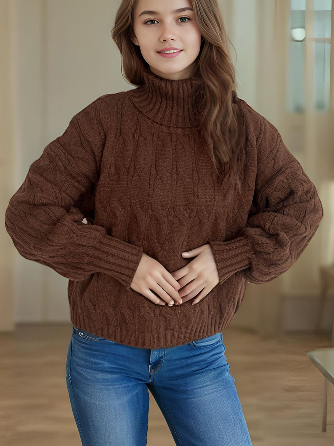 Cable-Knit Turtleneck Long Sleeve Sweater