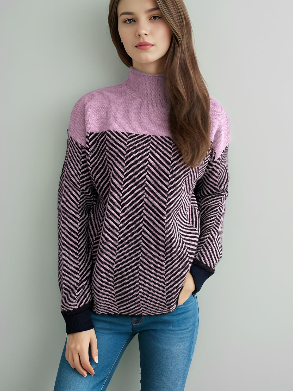 Contrast Turtleneck Long Sleeve Sweater