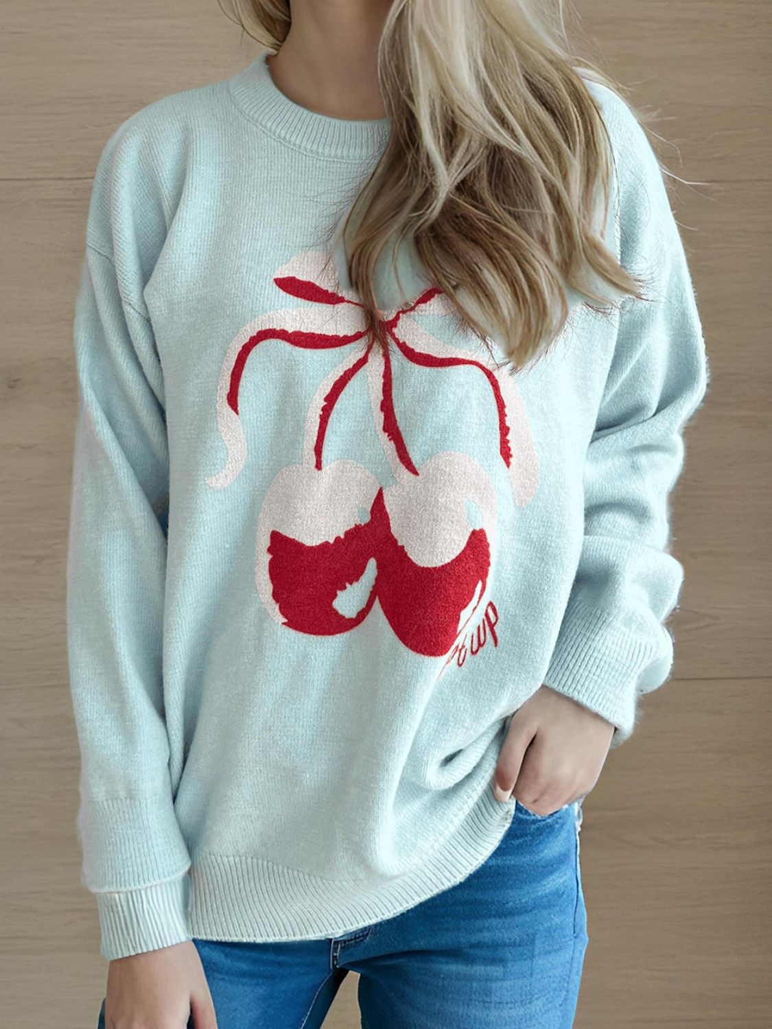 Cherry Round Neck Long Sleeve Sweater