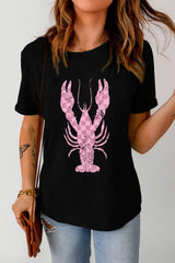 Checkered Lobster Graphic Round Neck Short Sleeve T-Shirt